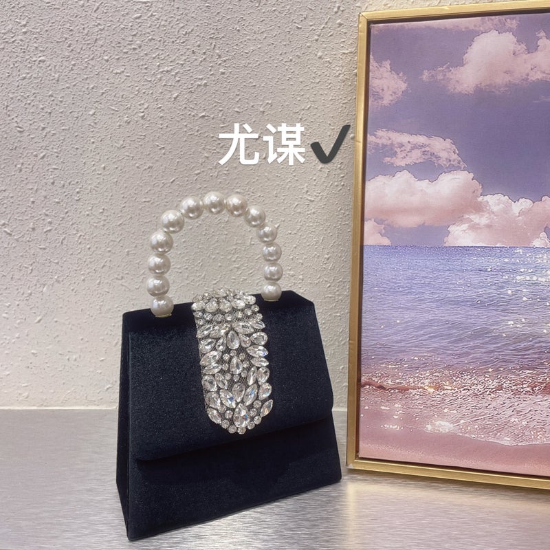 Socialite Vintage Pearl Banquet Shiny Rhinestone Velvet Saddle Bag Diamond Kelly Bag Hand Crossbody Bag For Women - Image 3