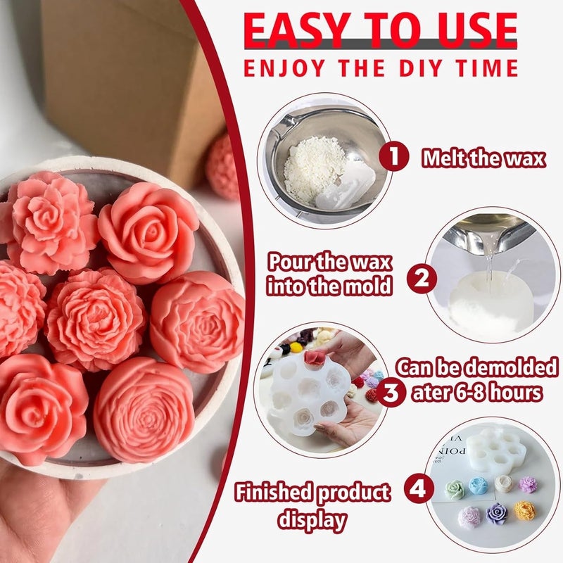 LEGACYCART 7 Cavity 3D Rose Peony Carnation Floral Shape Silicone Fondant/candle Mould for Cake Decoration Chocolate, Polymer Clay, Candle Making, Soap, Wax Bath Bomb Resin Aromatherapy DIY Home Decor - Image 4