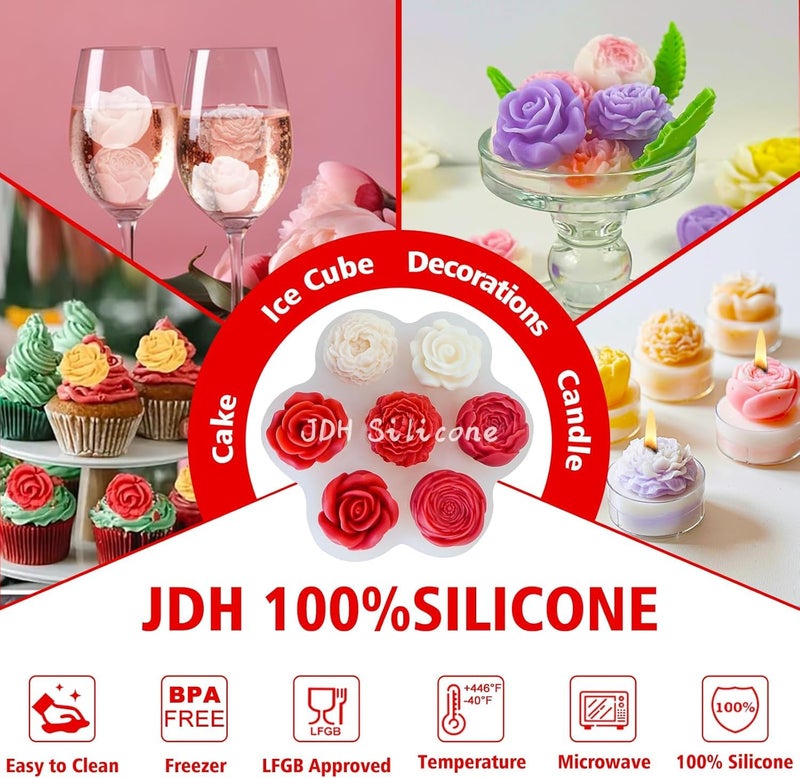 LEGACYCART 7 Cavity 3D Rose Peony Carnation Floral Shape Silicone Fondant/candle Mould for Cake Decoration Chocolate, Polymer Clay, Candle Making, Soap, Wax Bath Bomb Resin Aromatherapy DIY Home Decor - Image 3