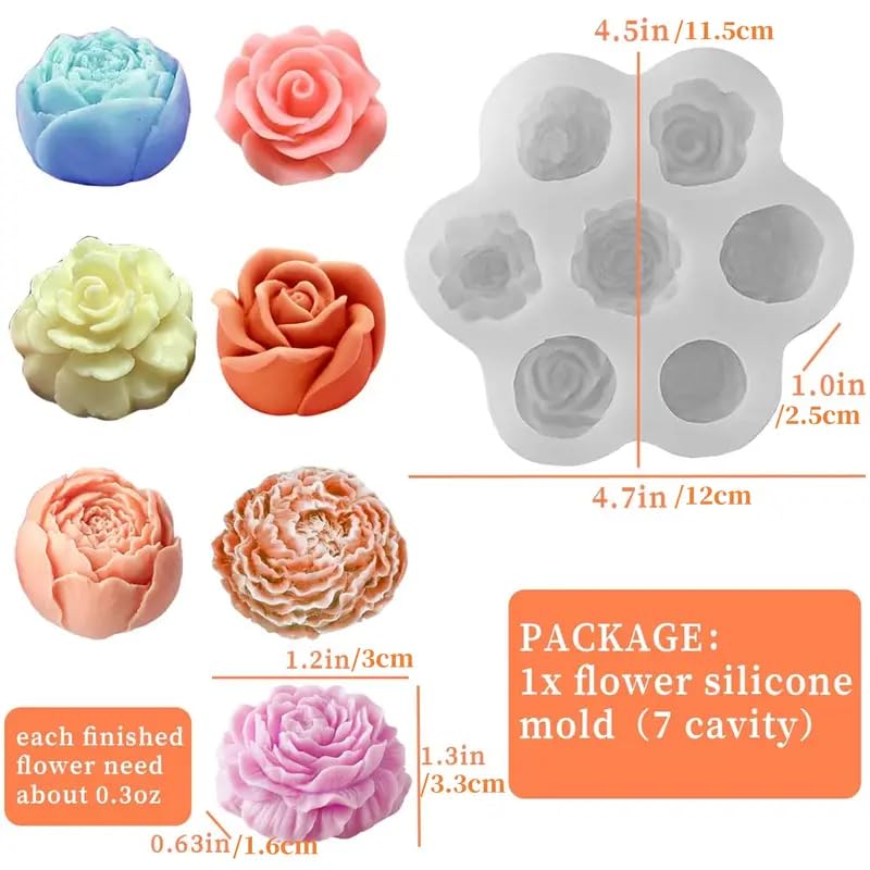 LEGACYCART 7 Cavity 3D Rose Peony Carnation Floral Shape Silicone Fondant/candle Mould for Cake Decoration Chocolate, Polymer Clay, Candle Making, Soap, Wax Bath Bomb Resin Aromatherapy DIY Home Decor - Image 2