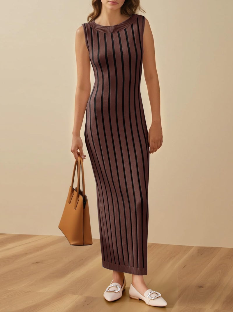 Wenrine Womens Sleeveless Sweater Dress Mock Neck Ribbed Knit Fall Tank Maxi Dresses Brown - Image 3