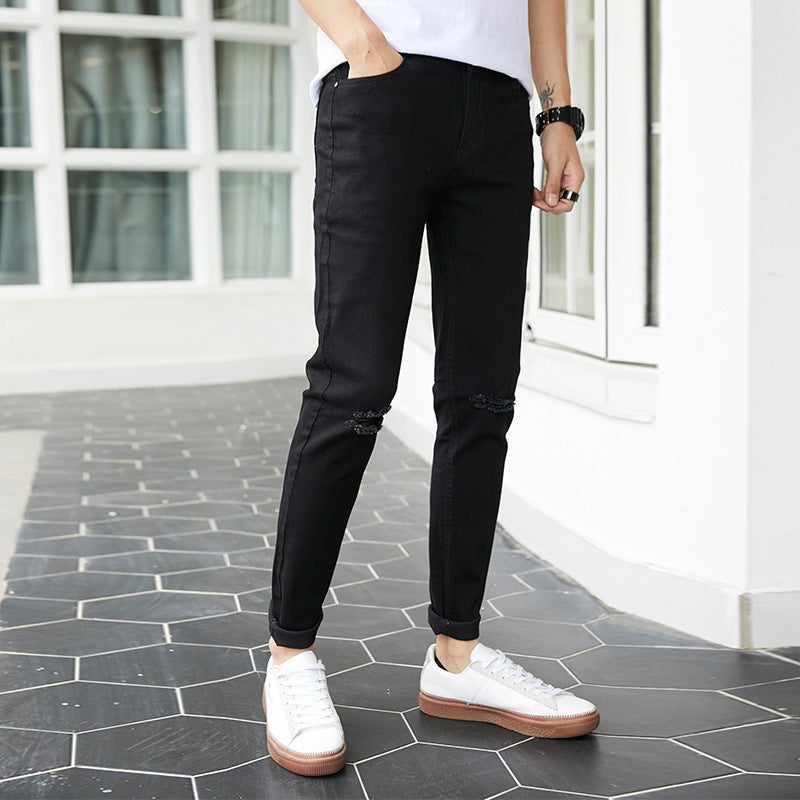 جينز ضيق أسود نقي ممزق للرجال والمراهقين، بنطلونات ممزقة، بنطلونات رجالية متعددة الاستخدامات ونشيطة لفصلي الربيع والخريف - Image 3
