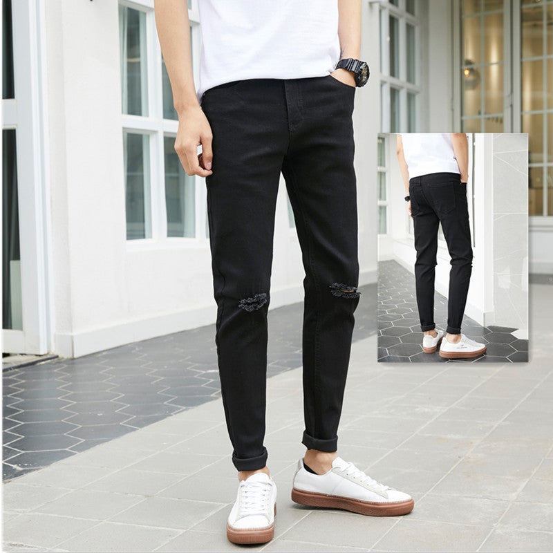 جينز ضيق أسود نقي ممزق للرجال والمراهقين، بنطلونات ممزقة، بنطلونات رجالية متعددة الاستخدامات ونشيطة لفصلي الربيع والخريف - Image 1