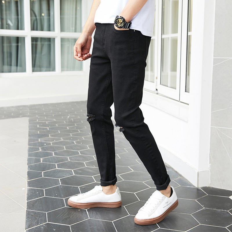 جينز ضيق أسود نقي ممزق للرجال والمراهقين، بنطلونات ممزقة، بنطلونات رجالية متعددة الاستخدامات ونشيطة لفصلي الربيع والخريف - Image 2