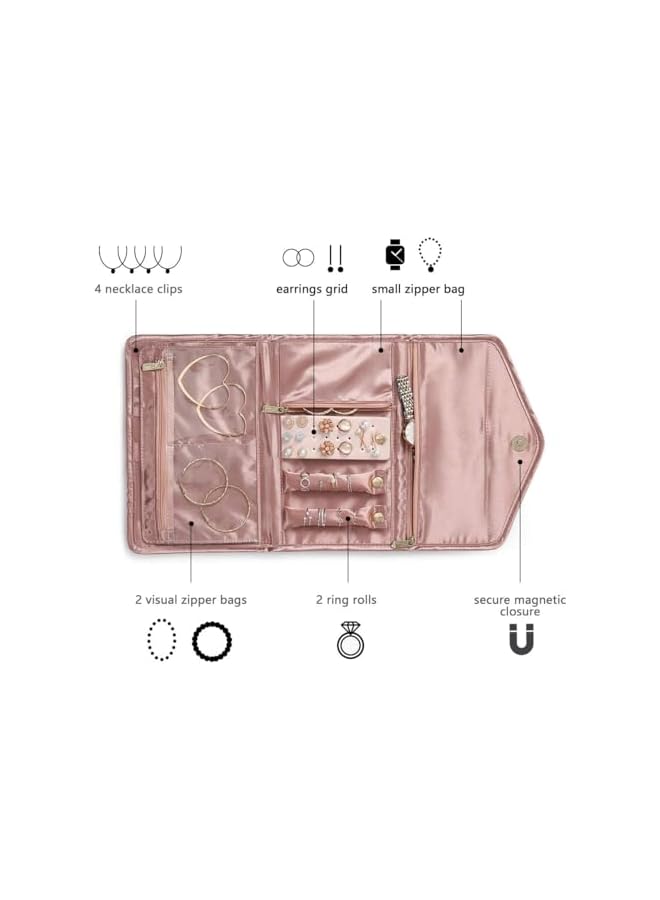 The Bros Travel Jewelry Organizer, Fashion Foldable Jewelry Roll Pouch, Foldable Traveling Jewelry Wallet Envelope for Rings, Necklaces, Earrings, Bracelets, brooches, Mini, Soft Pink  - Image 3