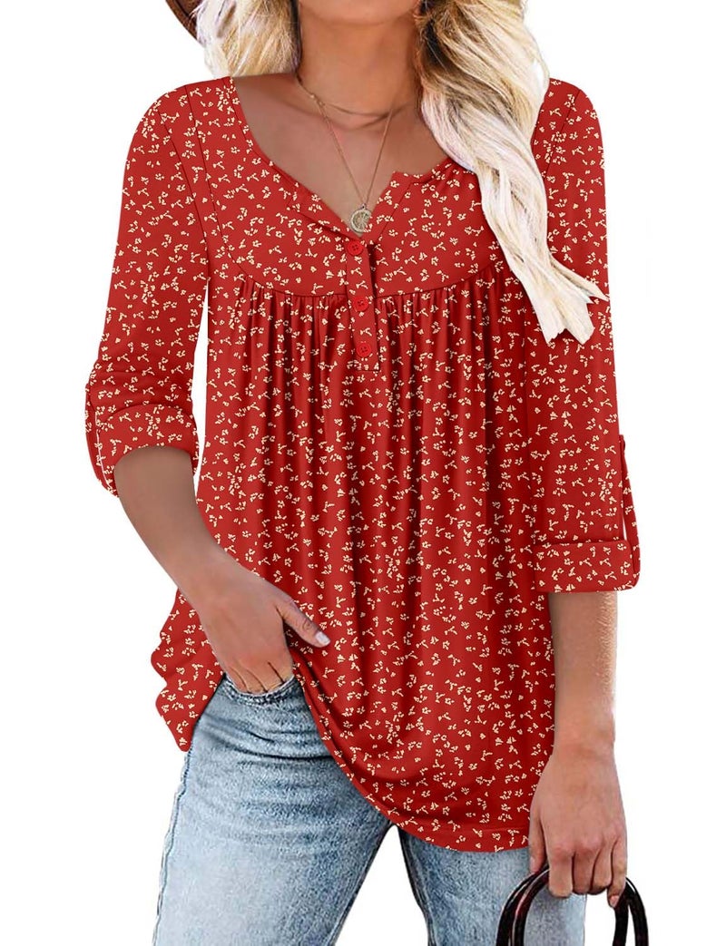 ROSELINLIN Womens Tunic Top Loose Fit Long Sleeve Boho Shirts RedDot L - Image 1