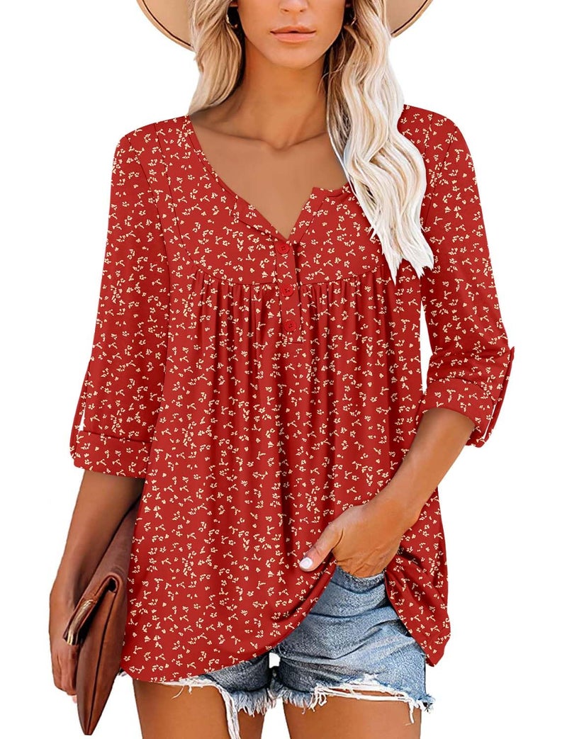 ROSELINLIN Womens Tunic Top Loose Fit Long Sleeve Boho Shirts RedDot L - Image 2
