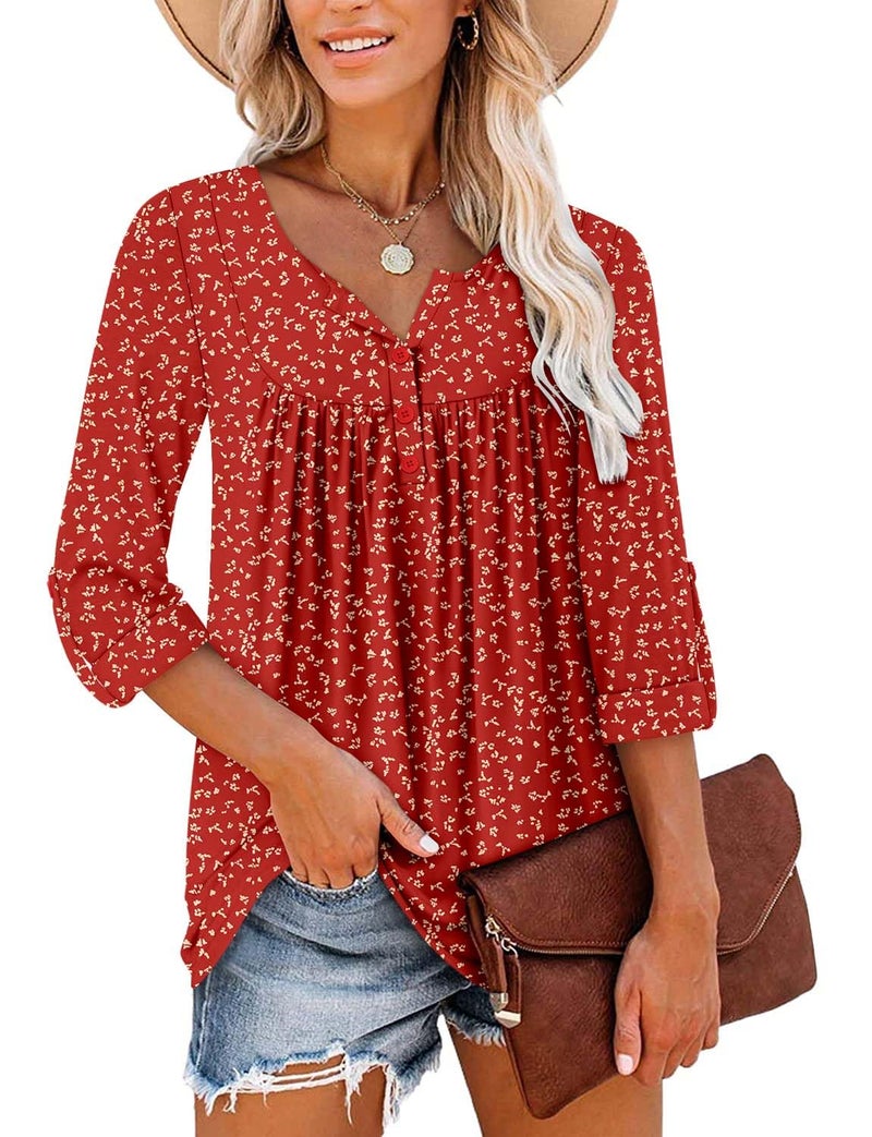 ROSELINLIN Womens Tunic Top Loose Fit Long Sleeve Boho Shirts RedDot L - Image 3