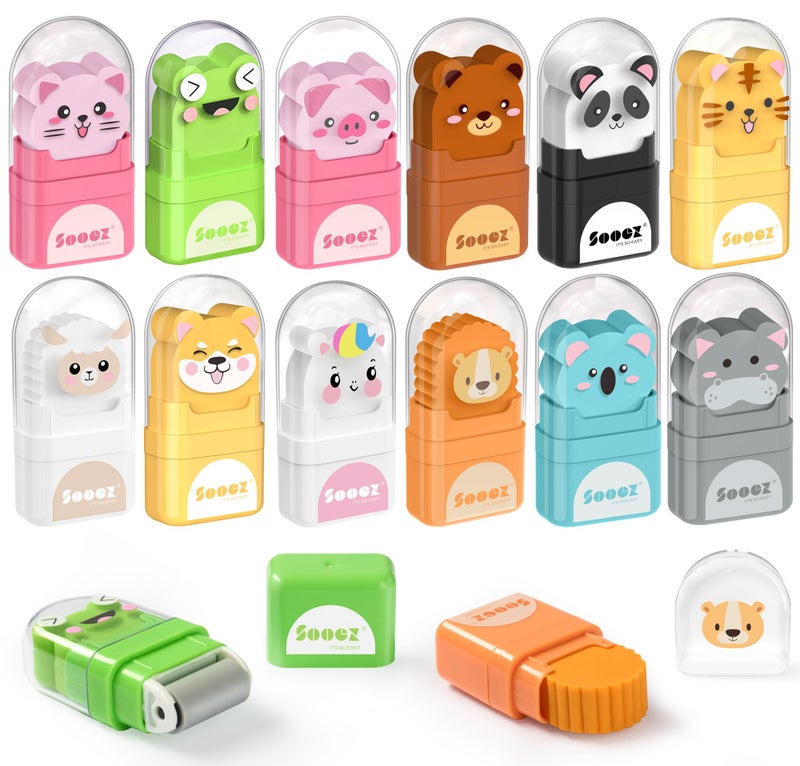 Sooez 12 Pack Pencil Erasers, Cute Animal Eraser with Clean up Roller and Cover, Latex-Free, Bulk Art Drawing Erasers for Teens & Teacher Classroom/School Supplies, Party Favor - Image 1
