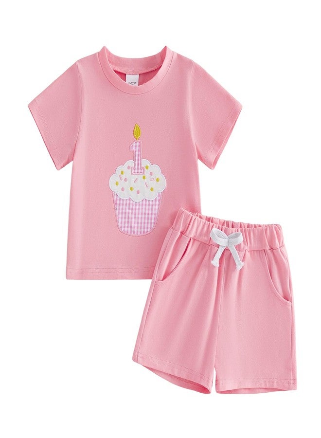 GOOCHEER Baby Boy Girl First Birthday Outfit 1 Cake Short Sleeve T-Shirt Top+ Solid Shorts Set One Year Old Clothes (Pink, 6-12 Months) - Image 1