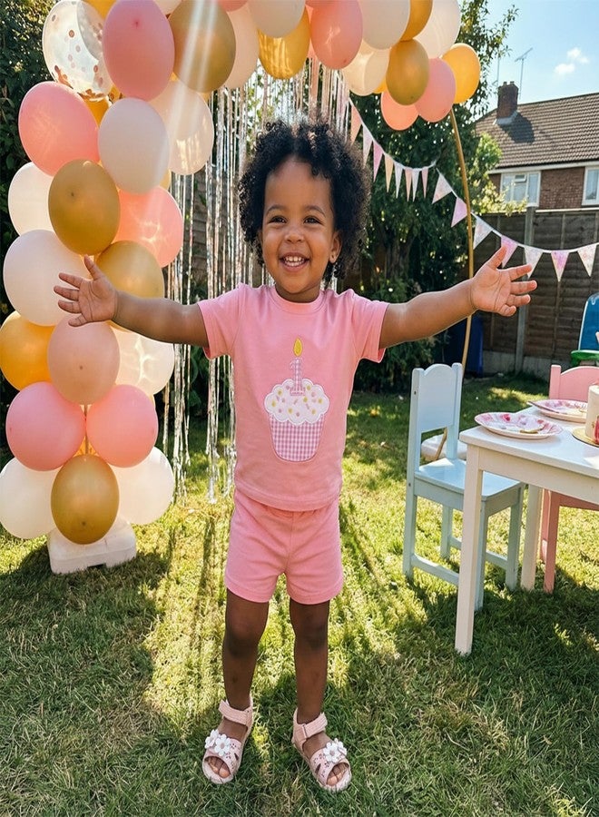GOOCHEER Baby Boy Girl First Birthday Outfit 1 Cake Short Sleeve T-Shirt Top+ Solid Shorts Set One Year Old Clothes (Pink, 6-12 Months) - Image 3