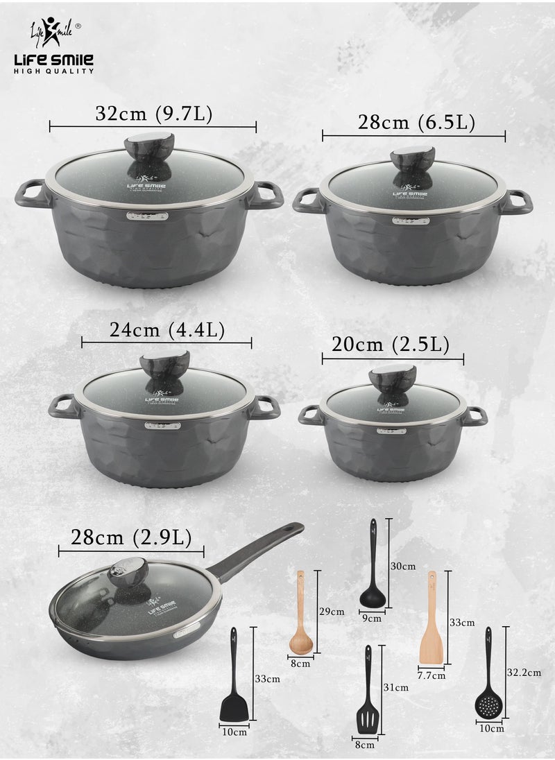 Life Smile - 16Pcs Granite Coated Healthy Cookware Set - Aluminum Cooking Casserrole Set Inclued Casserole (20, 24, 28, 32CM)  French Frying Pan 28CM & Nylon Wooden Tools - 100% PFOA Free - Image 1