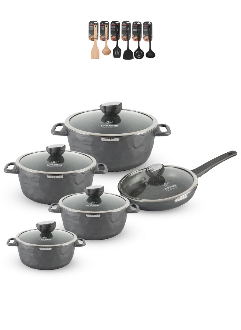 Life Smile - 16Pcs Granite Coated Healthy Cookware Set - Aluminum Cooking Casserrole Set Inclued Casserole (20, 24, 28, 32CM)  French Frying Pan 28CM & Nylon Wooden Tools - 100% PFOA Free - Image 1