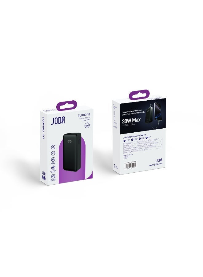 جودا TURBO 10 باور بانك أسود 10000mAh PD 30W مع شاشة LED، 2 منفذ USB-C و USB-A – شحن سريع، مدمج - Image 2