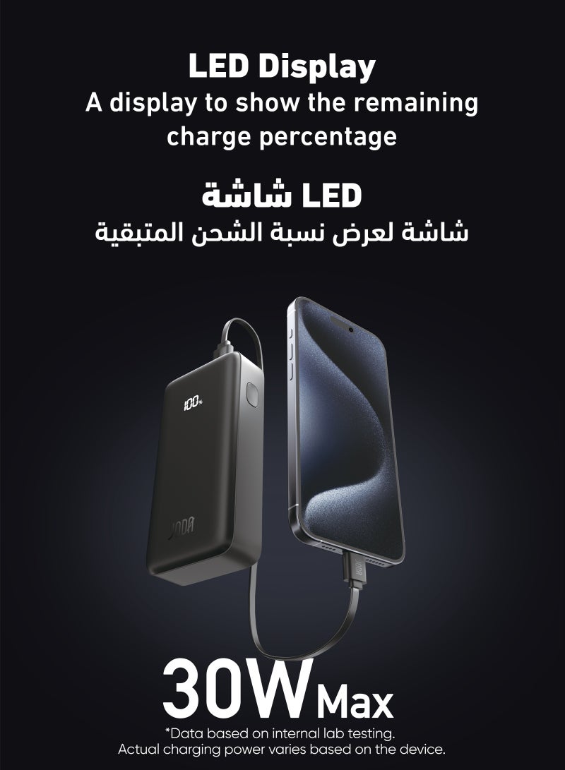 JODA TURBO 10 Power Bank Black 10000mAh PD 30W with LED Display, 2-Port USB-C & USB-A – Fast Charging, Compact, - Image 3