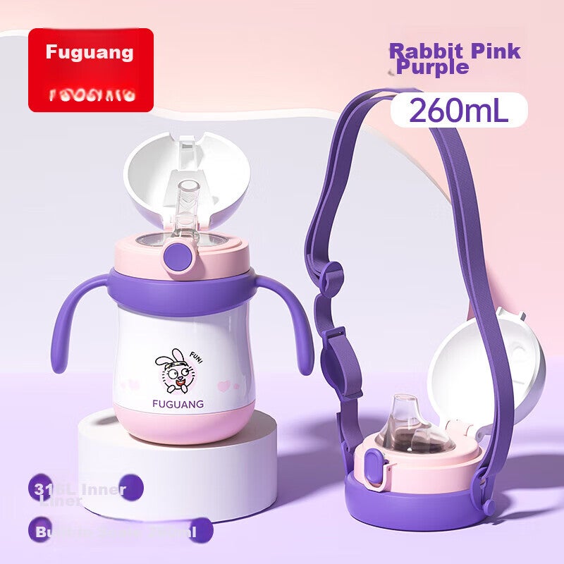 FGA Fuguang Children's Insulated Cup, Baby Straw Cup, Duck-Billed Sippy Cup, 316L Stainless Steel Water Bottle, Drinking Cup, Rabbit Pink - Image 1