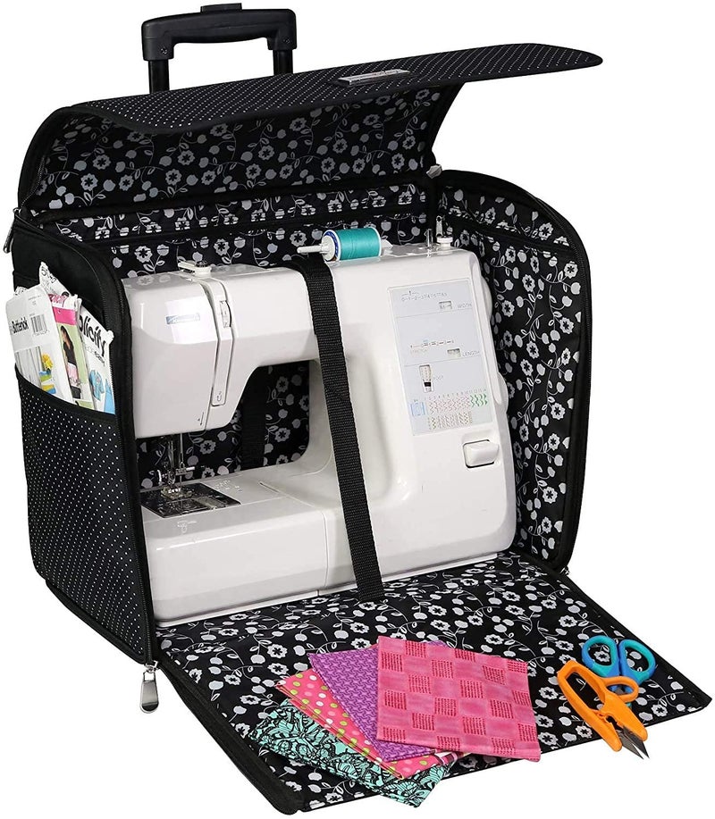Everything Mary Collapsible Sewing Machine Case, Black Dot - Craft Rolling Tote Cover Bag with Wheels for Brother, Singer & Most Machines - Storage Organization Carrying Cart for Accessories - Image 1