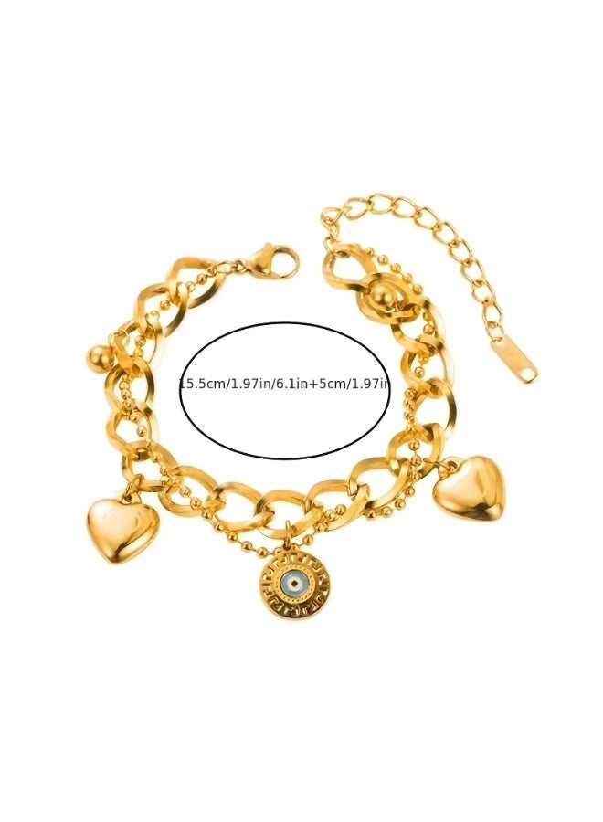 Goolsky Golden-Tone Stainless Steel Bohemian Bracelet – Heart & Evil Eye Pendant, Lucky Charm, Daily Wear/Bohemian Outfits, Non-Fading - Image 4