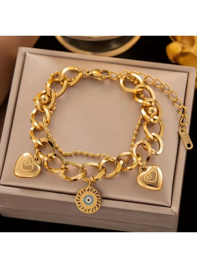 Goolsky Golden-Tone Stainless Steel Bohemian Bracelet – Heart & Evil Eye Pendant, Lucky Charm, Daily Wear/Bohemian Outfits, Non-Fading - Image 5