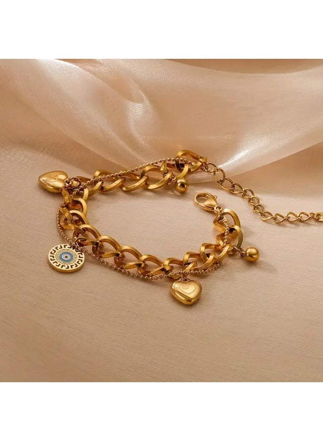 Goolsky Golden-Tone Stainless Steel Bohemian Bracelet – Heart & Evil Eye Pendant, Lucky Charm, Daily Wear/Bohemian Outfits, Non-Fading - Image 2