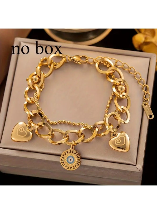 Goolsky Golden-Tone Stainless Steel Bohemian Bracelet – Heart & Evil Eye Pendant, Lucky Charm, Daily Wear/Bohemian Outfits, Non-Fading - Image 1