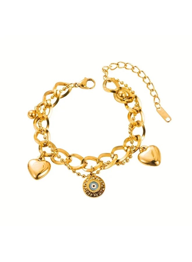 Goolsky Golden-Tone Stainless Steel Bohemian Bracelet – Heart & Evil Eye Pendant, Lucky Charm, Daily Wear/Bohemian Outfits, Non-Fading - Image 3