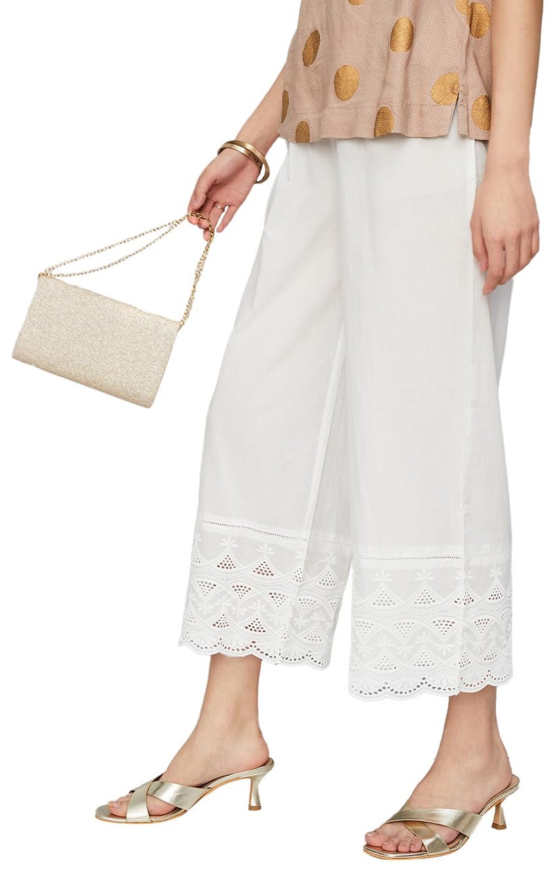 Max Women Loose Fit Mid Rise Embroidered Palazzos with Scalloped Hem (FBAR41001OFF White)_L - Image 1