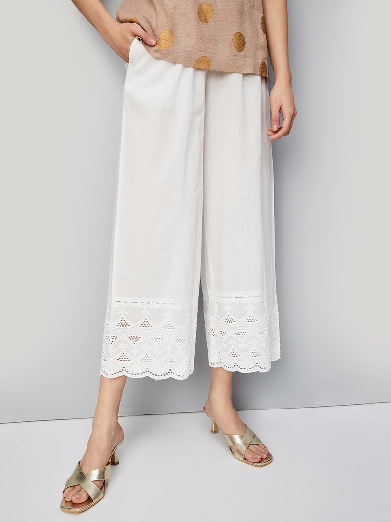 Max Women Loose Fit Mid Rise Embroidered Palazzos with Scalloped Hem (FBAR41001OFF White)_L - Image 4