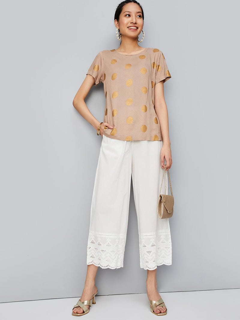 Max Women Loose Fit Mid Rise Embroidered Palazzos with Scalloped Hem (FBAR41001OFF White)_L - Image 3