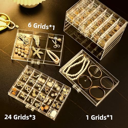 Feadily Acrylic Jewelry Organizer Box, Jewelry Drawer Organizer With 5 Drawers 79 Grids, Clear - Image 3