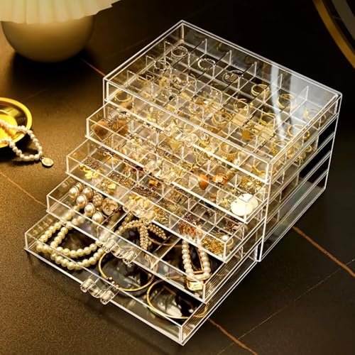 Feadily Acrylic Jewelry Organizer Box, Jewelry Drawer Organizer With 5 Drawers 79 Grids, Clear - Image 4