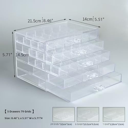 Feadily Acrylic Jewelry Organizer Box, Jewelry Drawer Organizer With 5 Drawers 79 Grids, Clear - Image 2