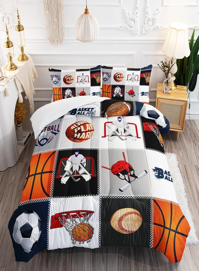 AILONEN Teens Boys Comforter Set Queen Size, Sports Bedding Set Basketball Football Soccer Ball Print Comforter Set,Ice Hockey Player Bed in a Bag Duvet Set 3 Pieces, 1 Quilt and 2 Pillowcases - Image 1