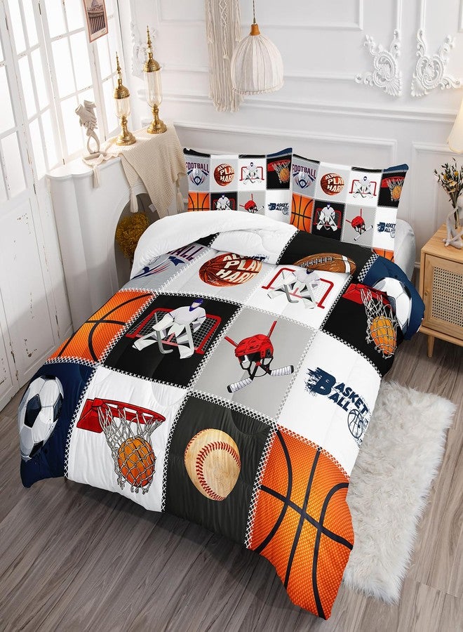AILONEN Teens Boys Comforter Set Queen Size, Sports Bedding Set Basketball Football Soccer Ball Print Comforter Set,Ice Hockey Player Bed in a Bag Duvet Set 3 Pieces, 1 Quilt and 2 Pillowcases - Image 2
