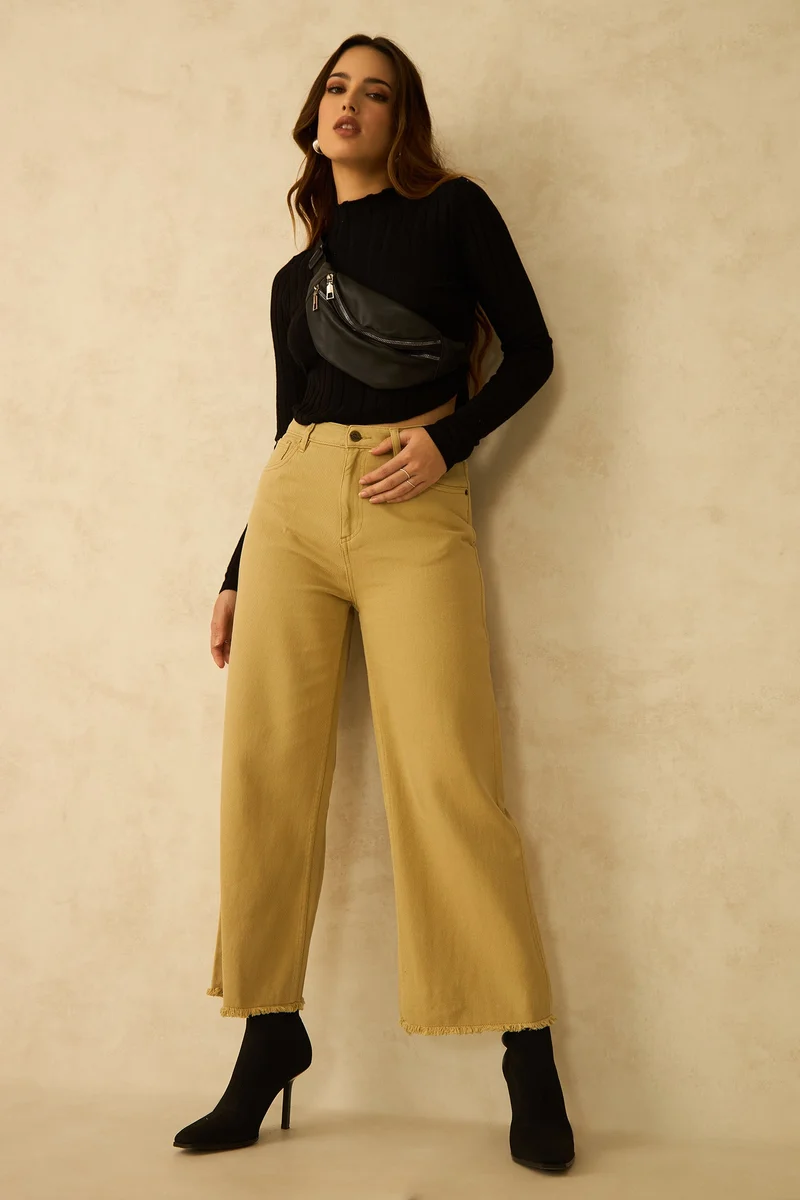فيرجيو Solid Cotton Rough Edged Olive Pant for Women