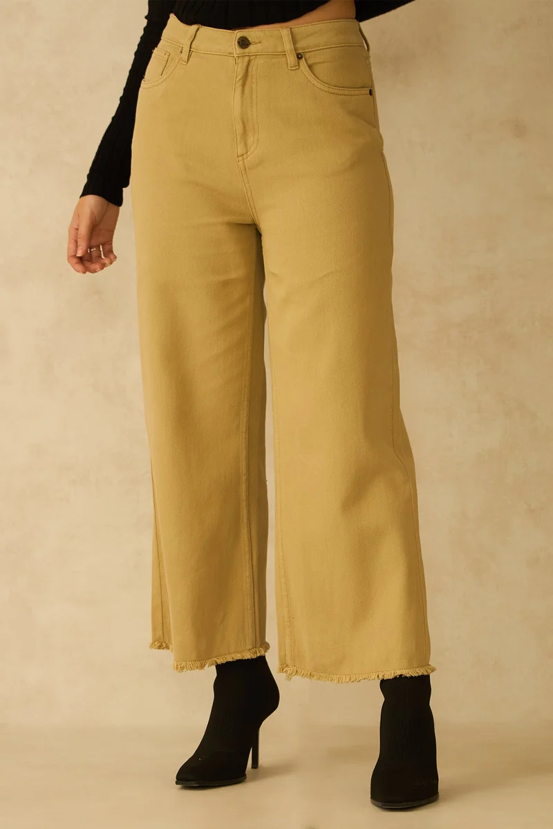 فيرجيو Solid Cotton Rough Edged Olive Pant for Women