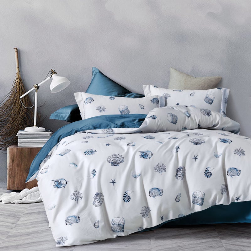 MILDLY 100 Washed Cotton Duvet Cover Seashell Blue Comforter Cover Set Nautical Coastal Pattern Bedding Set with Zipper Closure 4 Ties Twin Size