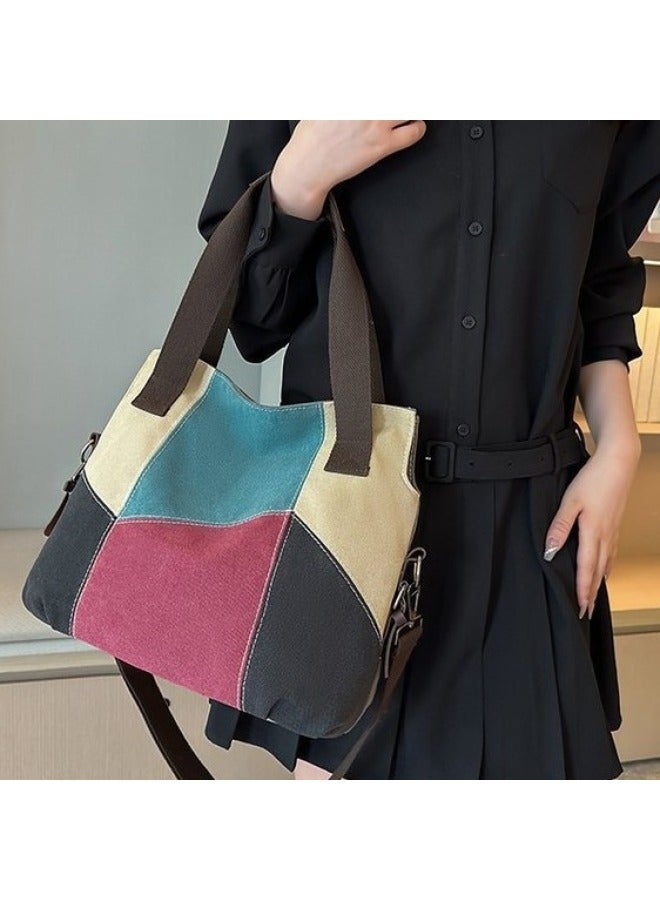 Simple Fashion Women's Bag Contrast Canvas Bag Women's Large Capacity Retro Contrast Color Stitching Cloth Bag Arrival Single Shoulder Handbag-Color:Khaki - Image 2