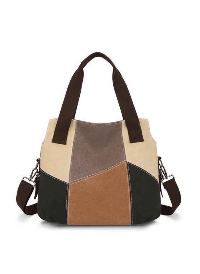 Simple Fashion Women's Bag Contrast Canvas Bag Women's Large Capacity Retro Contrast Color Stitching Cloth Bag Arrival Single Shoulder Handbag-Color:Khaki - Image 1