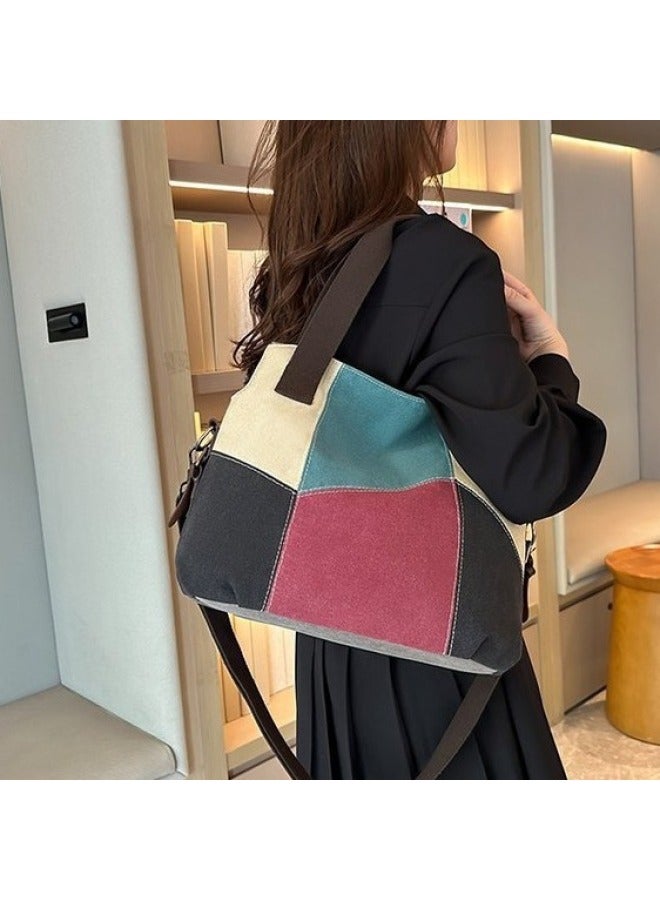 Simple Fashion Women's Bag Contrast Canvas Bag Women's Large Capacity Retro Contrast Color Stitching Cloth Bag Arrival Single Shoulder Handbag-Color:Khaki - Image 4