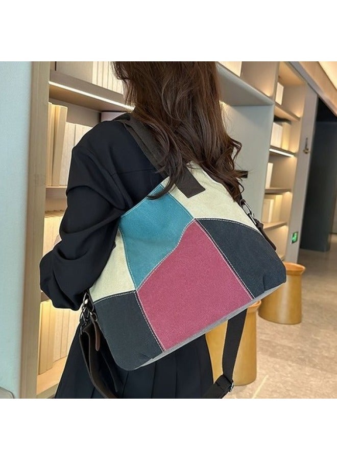 Simple Fashion Women's Bag Contrast Canvas Bag Women's Large Capacity Retro Contrast Color Stitching Cloth Bag Arrival Single Shoulder Handbag-Color:Khaki - Image 3