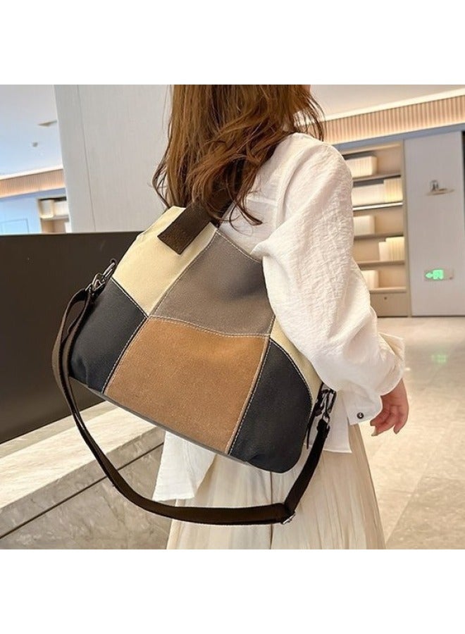 Simple Fashion Women's Bag Contrast Canvas Bag Women's Large Capacity Retro Contrast Color Stitching Cloth Bag Arrival Single Shoulder Handbag-Color:Khaki - Image 5