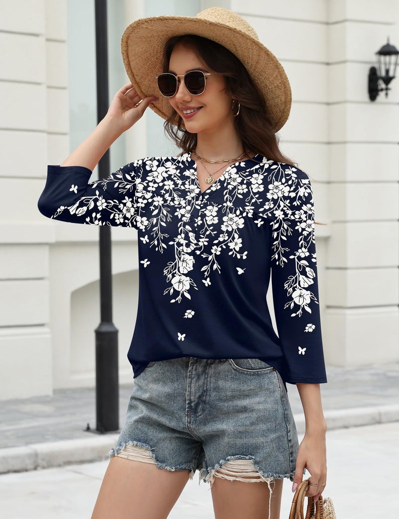LOMON Womens 3/4 Sleeve V Neck Tops Button Down Blouses Basic Curved Hem Flowy Summer Teacher Trendy Clothes (Navy Blue XL) - Image 3