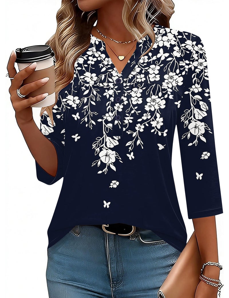 LOMON Womens 3/4 Sleeve V Neck Tops Button Down Blouses Basic Curved Hem Flowy Summer Teacher Trendy Clothes (Navy Blue XL) - Image 2