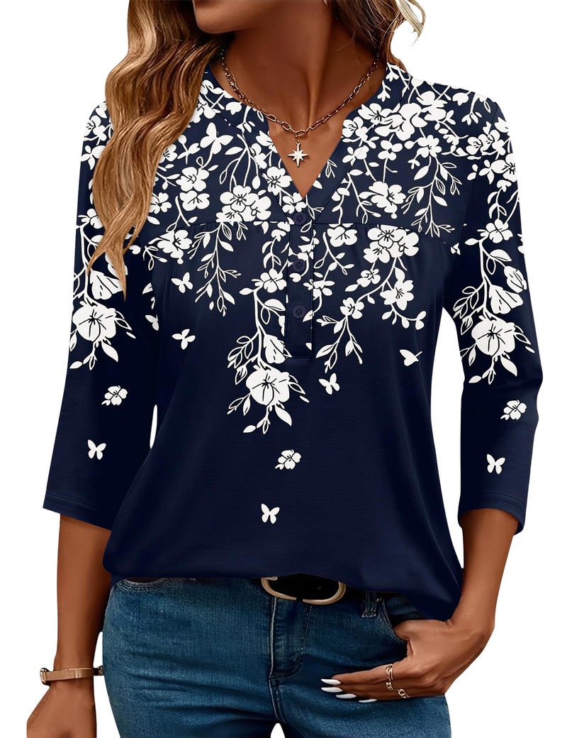 LOMON Womens 3/4 Sleeve V Neck Tops Button Down Blouses Basic Curved Hem Flowy Summer Teacher Trendy Clothes (Navy Blue XL) - Image 1