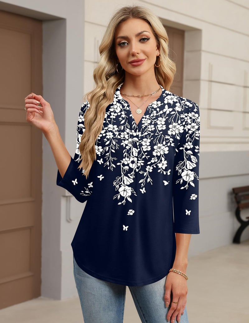LOMON Womens 3/4 Sleeve V Neck Tops Button Down Blouses Basic Curved Hem Flowy Summer Teacher Trendy Clothes (Navy Blue XL) - Image 4