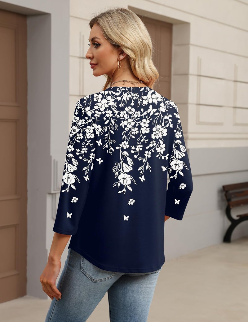 LOMON Womens 3/4 Sleeve V Neck Tops Button Down Blouses Basic Curved Hem Flowy Summer Teacher Trendy Clothes (Navy Blue XL) - Image 5