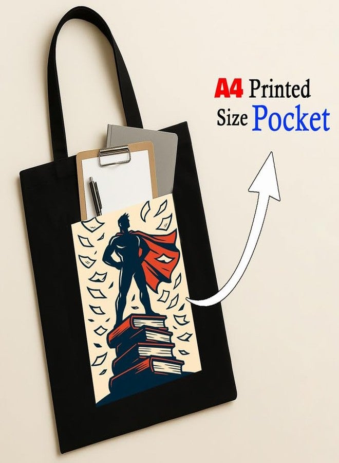 Megrok "Hero of Knowledge Scholar?s Tote ? 16x14 Inch with A4 Printed Pocket | Motivational Design, Zipper Top for Books & Essentials - Image 2