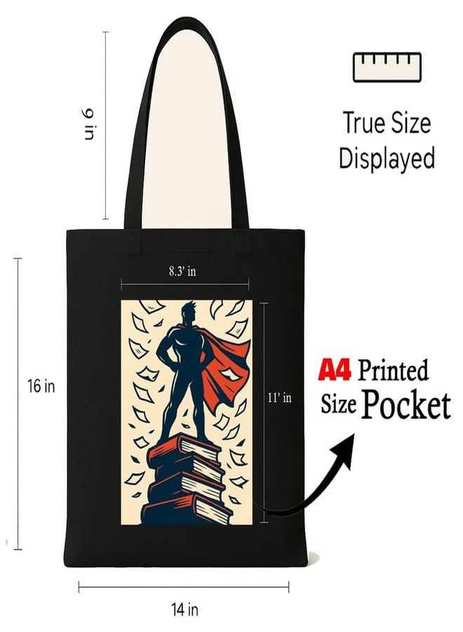 Megrok "Hero of Knowledge Scholar?s Tote ? 16x14 Inch with A4 Printed Pocket | Motivational Design, Zipper Top for Books & Essentials - Image 3