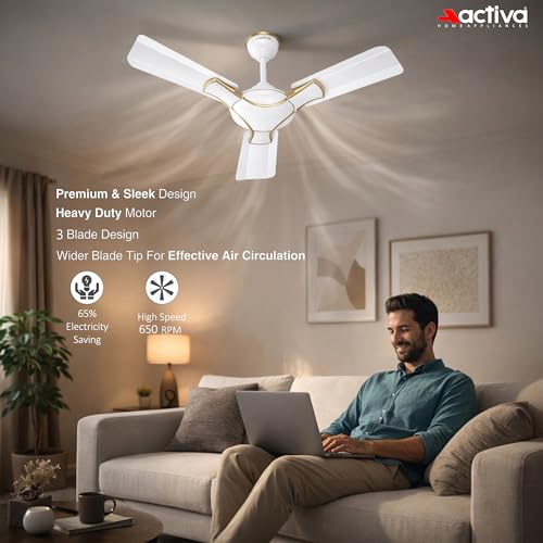 ACTIVA Corolla Pearl Ivory 650 RPM High Speed (36 Inch) 900 MM Sweep Anti Dust Coating Ceiling Fan with 2 Years Warranty - Image 3